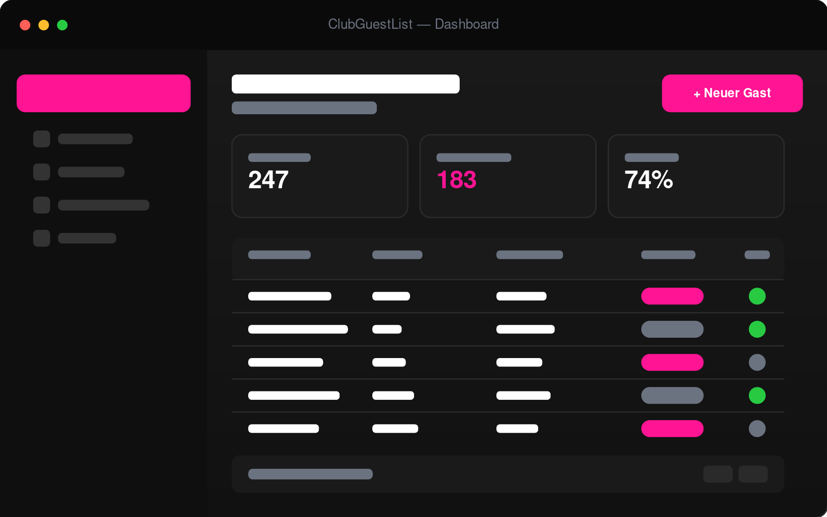 Club-Dashboard, Türsteher-Tablet und Promoter-Portal in ClubGuestList — App-Screenshot