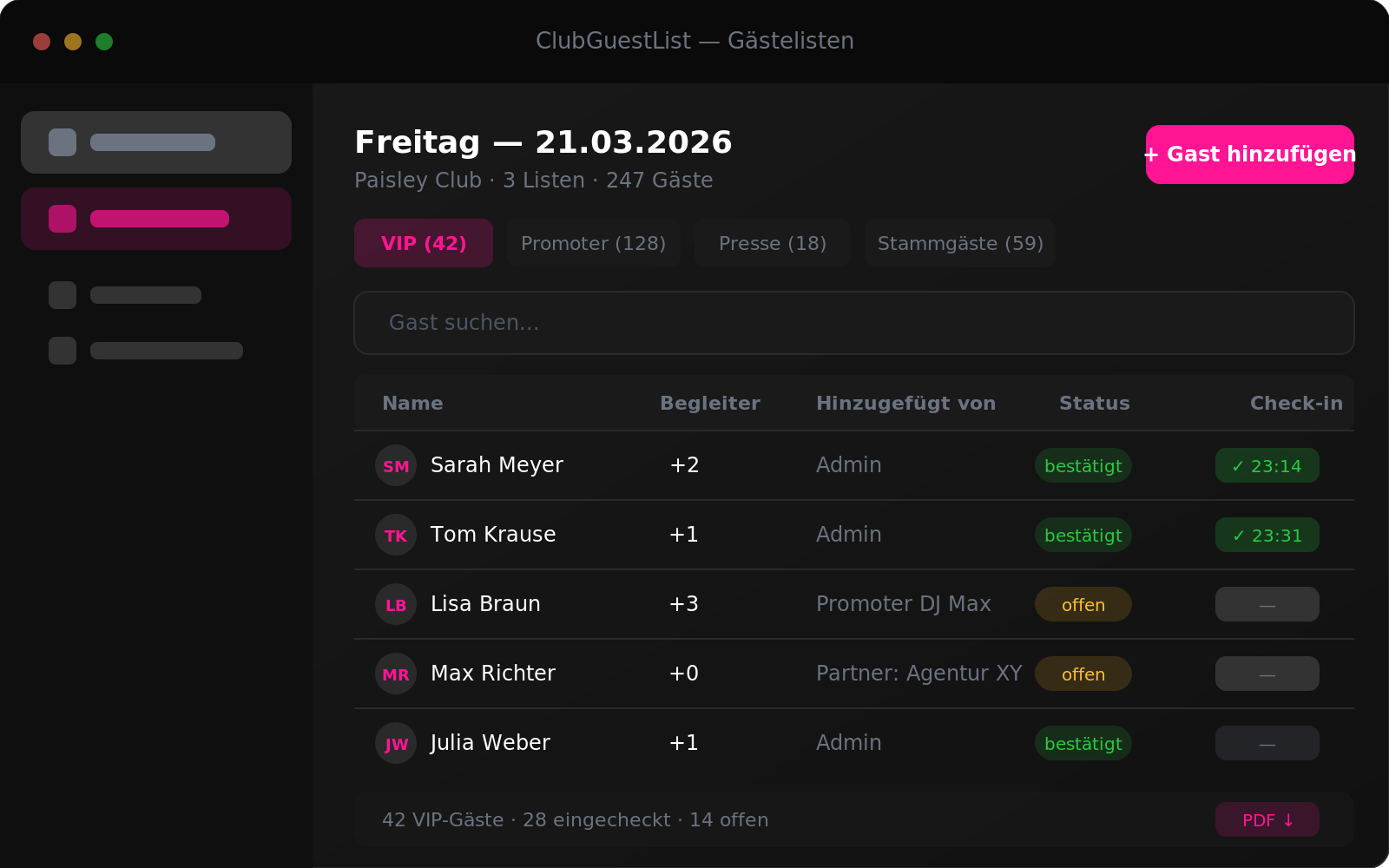 Gästeliste-Ansicht in ClubGuestList — App-Screenshot